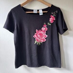 Emma James Floral Embroidered Black Top